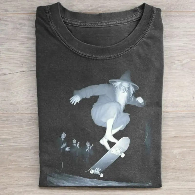 Vintage Gandalf Doing Pop Shuv-it Skateboard Trick Graphic Tee - Lord Of The Rings Movie Shirt - Wizards Graphic Tee