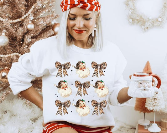 Vintage Leopard Santa with Coquette Bows Crewneck. Relaxed Christmas Unisex Pullover Crewneck Sweatshirt. T-Shirts, Hoodie