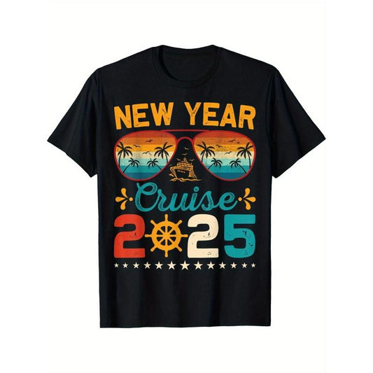 Vintage New Year Cruise 2025 Family Matching NYE Celebration T-Shirt Man Short Sleeve Cotton Crew Neck Ultra Soft,...
