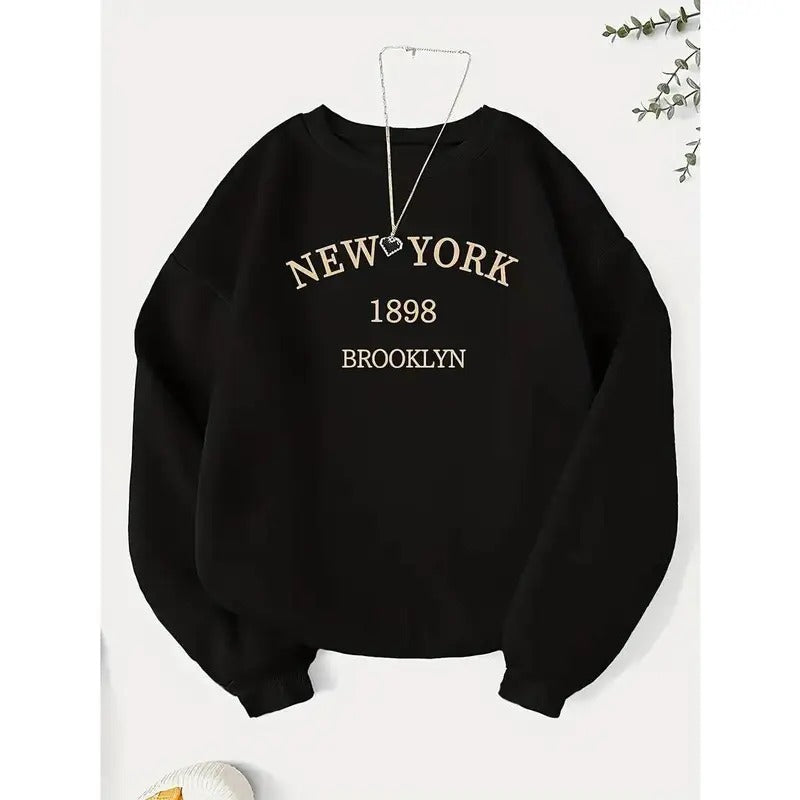 Vintage New York Brooklyn 1898 Graphic Crew Neck Sweatshirt for Women - Polyester Knit Fabric, Long Sleeve, Geometric...