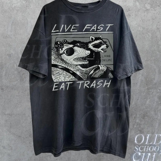 Vintage Opossum Live Fast Eat Trash 90s Style Graphic T-Shirt, Retro Raccoon Shirt, Trendy Shirts, Adult Unisex Relaxed...