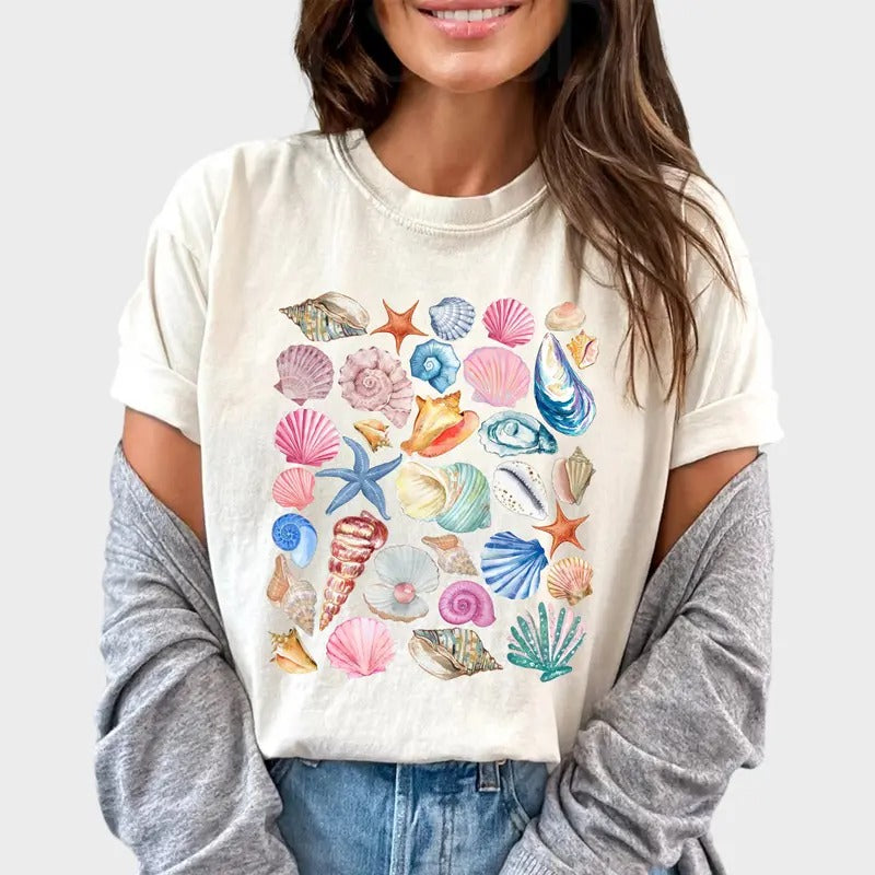 Vintage Seashells Shirt, Retro Beach Vibes Tee, Summer Vibes Graphic Printed Tee, Ocean Lover Unhinged Shirt, Retro...