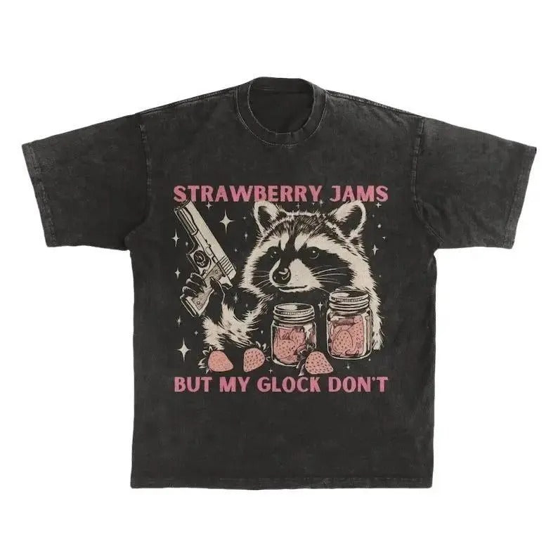 Vintage Strawberry Jams Raccoon T-Shirt | Retro Trash Panda Tee | Funny Animal Pun Shirt | Raccon Gun Meme Tee | Trendy...