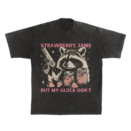 Vintage Strawberry Jams Raccoon T-Shirt | Retro Trash Panda Tee | Funny Animal Pun Shirt | Raccon Gun Meme Tee | Trendy...