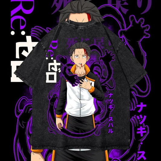 Vintage Subaru Washed Oversized Tee, Re Zero Anime Manga Washed Heavy Cotton Special Graphic T-shirt Gift For Anime Fan...