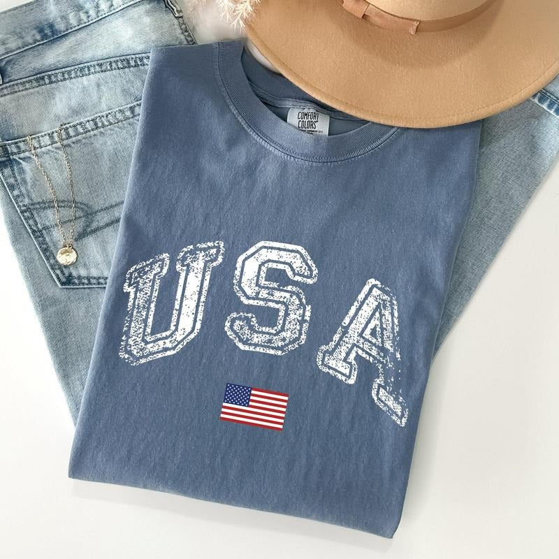 Vintage USA, Retro Flag America Patriotic 4th of July Tshirt, Women's Crew Neck, Crewneck Hoodie, Sweatshirt | WearSparks.com