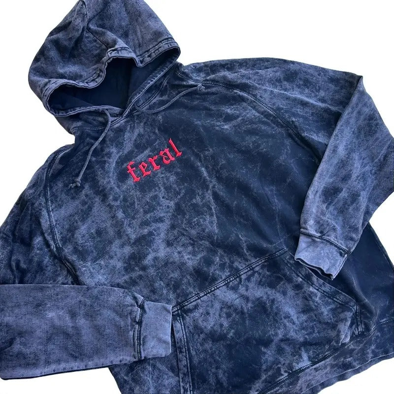 Vintage Washed Hoodie - Feral Embroidered, Unisex, Gift for Dad, Monster Sweatshirt, Goth, Zombie, Halloween, Scary,...