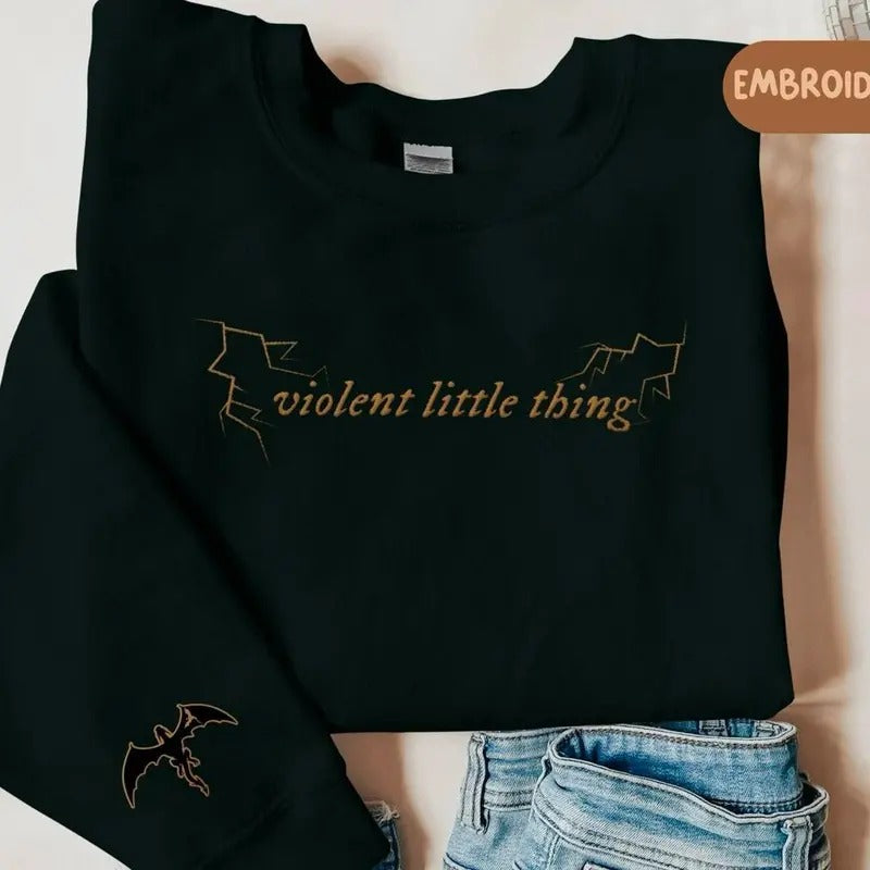 Violent Little Thing Embroidered Sweatshirt with Dragon Sleeve Print Crewneck, Bookish Shirt, Fourth Wing Sweatshirt,...