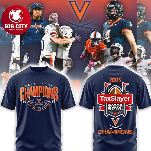 Virginia Cavaliers 2025 TaxSlayer Gator Bowl Champion Locker Room Two Sided Shirt