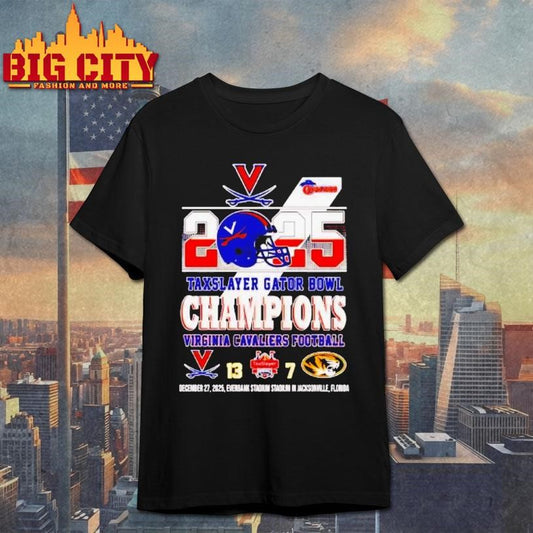 Virginia Cavaliers 2025 Taxslayer Gator Bowl Champions Helmet Score Shirt