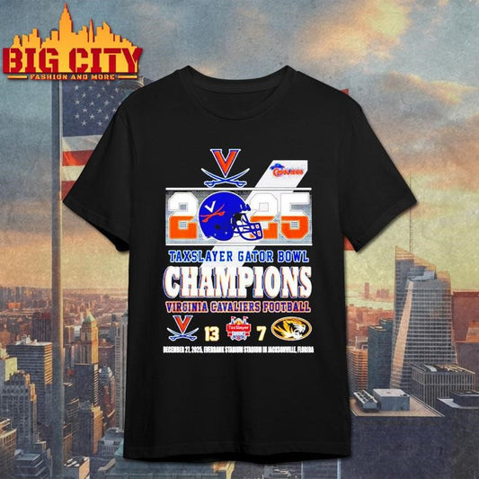Virginia Cavaliers 2025 Taxslayer Gator Bowl Champions score helmet Shirt