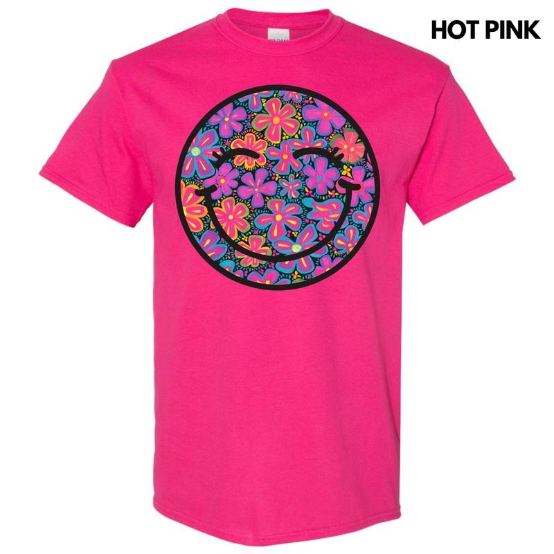 Vivid Neon Floral Happy Face Gildan Short Sleeve T-Shirt 'NLB' Hoodie, Sweatshirt | WearSparks.com
