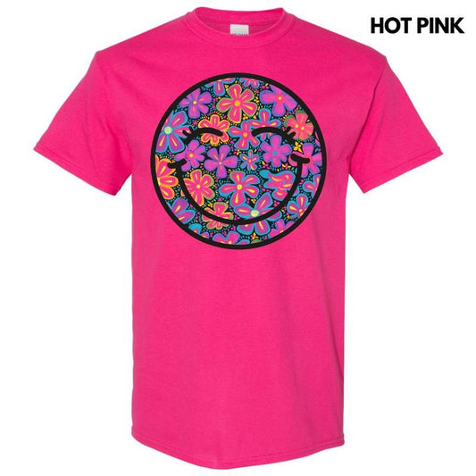 Vivid Neon Floral Happy Face Gildan Short Sleeve T-Shirt 'NLB' Hoodie, Sweatshirt | WearSparks.com
