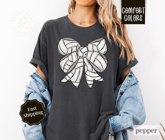 Volleyball Bow Shirt Comfort Colors, Volleyball Mom Tee, Womenswear Oversized Crewneck Hoodie, Sweatshirt | WearSparks.com