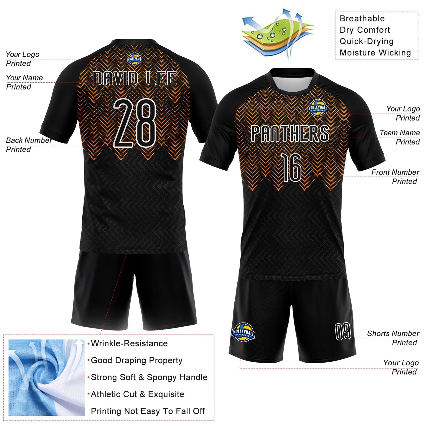 Custom Black Bay Orange-White Geometric Shape Sublimation Volleyball Uniform Jersey T-Shirts, Hoodie, Sweatshirt (Image 4)