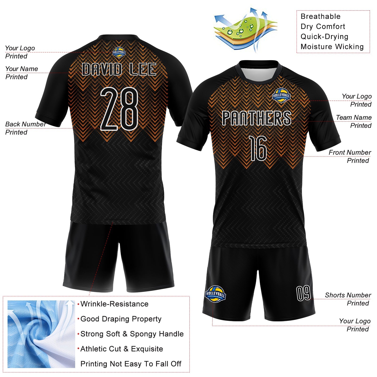 Custom Black Bay Orange-White Geometric Shape Sublimation Volleyball Uniform Jersey T-Shirts, Hoodie, Sweatshirt (Image 4)