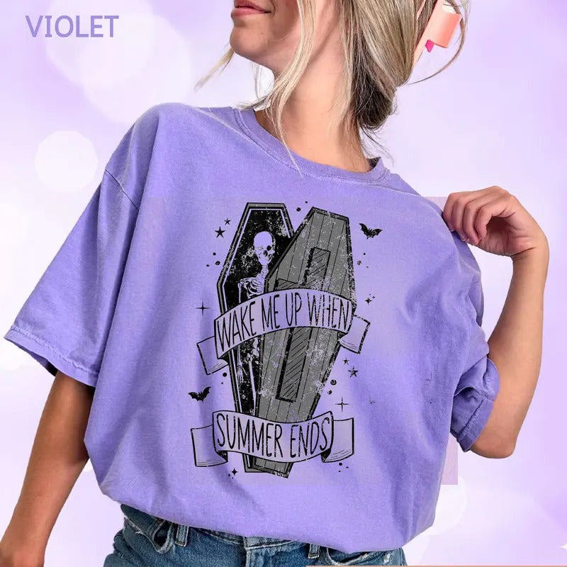 Wake Me Up When Summer Comfort Color Tshirt, Spooky Summer Party Tee, Halloween Skeleton, Gift Trendy Aesthetic Hoodie,...