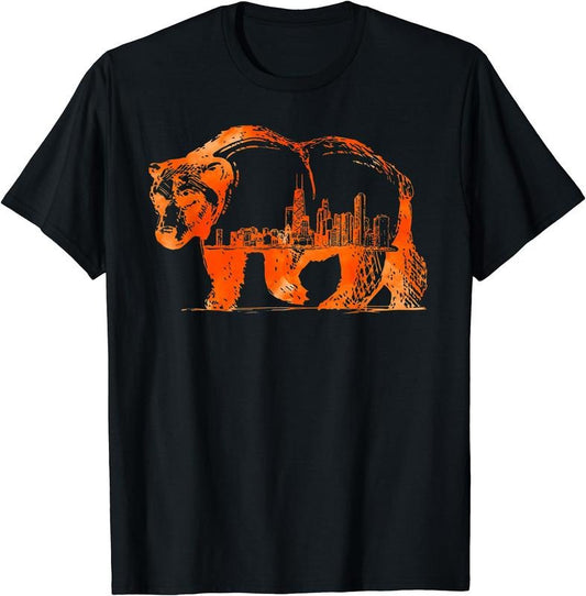 Walking Bear Silhouette Downtown Chicago City Skyline Gift T-Shirt | Unisex Cotton Tee Gift Hoodie, Sweatshirt