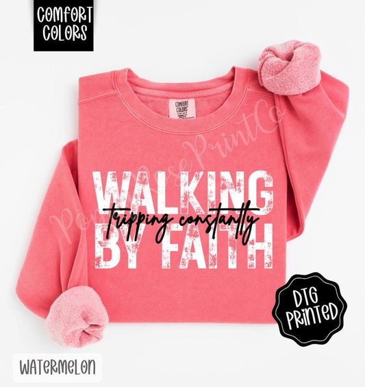 Walking By Faith Comfort Colors Sweatshirt, Trendy Women's Religious Crewneck T-Shirts, Hoodie | WearSparks.com