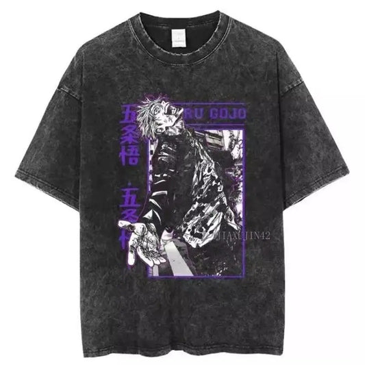 Washed Vintage T-shirt Anime Jujutsu Kaisen Loose Cotton Short Sleeves Unisex Menswear Top Hoodie, Sweatshirt