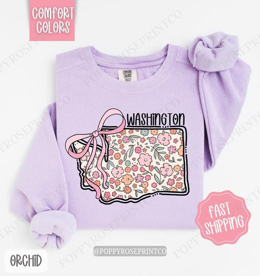 Washington Floral Bow Comfort Colors Sweatshirt, Cute Trendy State Coquette Pullover T-Shirts, Hoodie | WearSparks.com