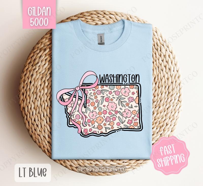 Washington Floral Bow Gildan T-shirt, Cute Trendy Tee, State Coquette Oversized Top Hoodie, Sweatshirt | WearSparks.com