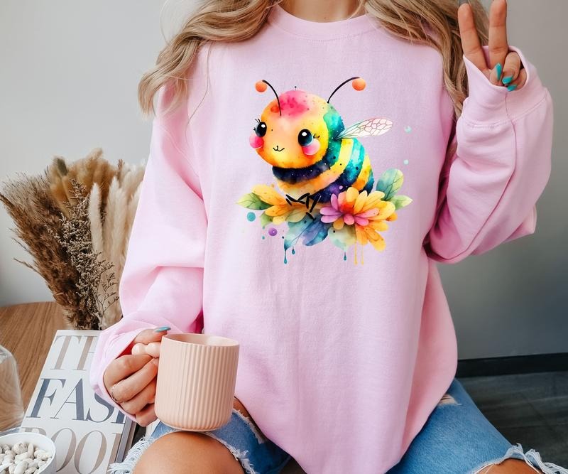 Watercolor Floral Bee Crewneck Sweatshirt T-Shirts, Hoodie | WearSparks.com