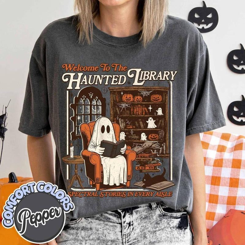 Welcome To Haunted Library Shirt, Retro Ghost Reading Books Shirt, Reading Ghost T-shirt, Librarian Ghost Tee, Ghost...
