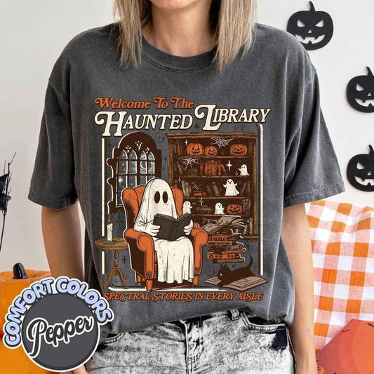Welcome To Haunted Library Shirt, Retro Ghost Reading Books Shirt, Reading Ghost T-shirt, Librarian Ghost Tee, Ghost...
