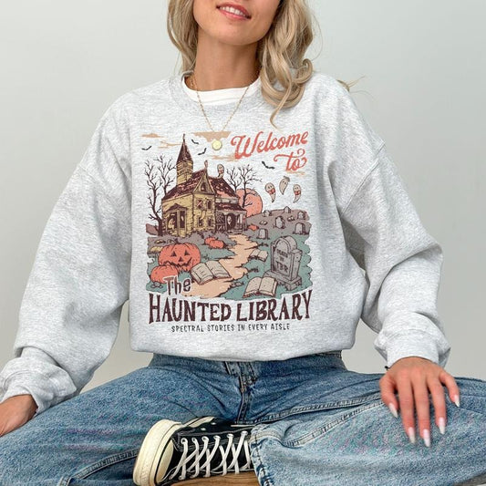 Welcome To The Haunted Library Sweatshirt, Bookish Halloween Tee Shirt, Funny Halloween Librarian Graphic T-Shirt, Ghost...