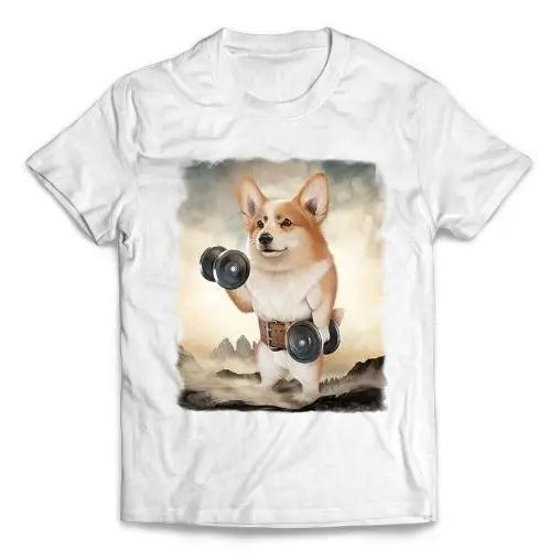 Welsh Corgi Dog Weightlifting with Dumbbell in Mountainous Outdoor - Short-Sleeve Unisex, Men Made in USA T-Shirts,...