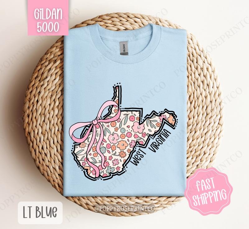 West Virginia Floral Bow Gildan T-shirt, Cute Trendy Tee, State Coquette Oversized Top Hoodie, Sweatshirt | WearSparks.com