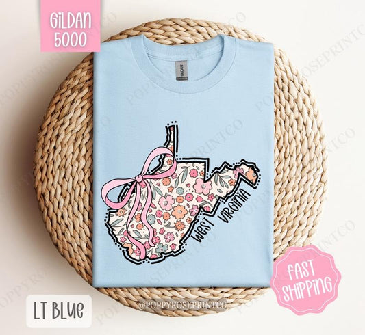 West Virginia Floral Bow Gildan T-shirt, Cute Trendy Tee, State Coquette Oversized Top Hoodie, Sweatshirt | WearSparks.com