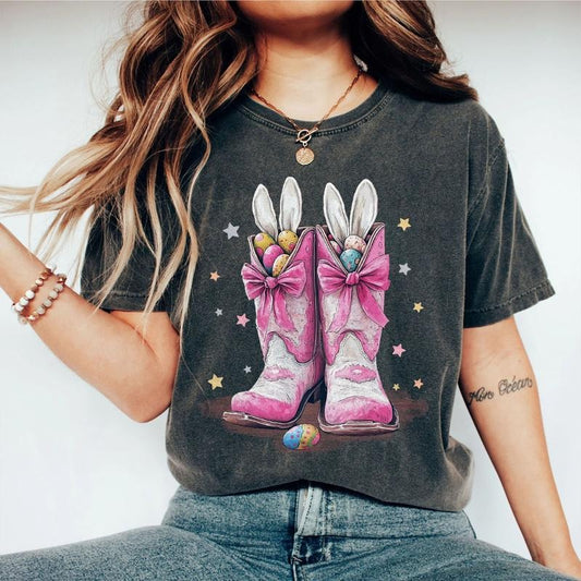Western Easter Shirt, Cowgirl Boots Bunny Ears Tee, Pink Bow Easter Sweatshirt for Women, Country Spring Outfit Hoodie