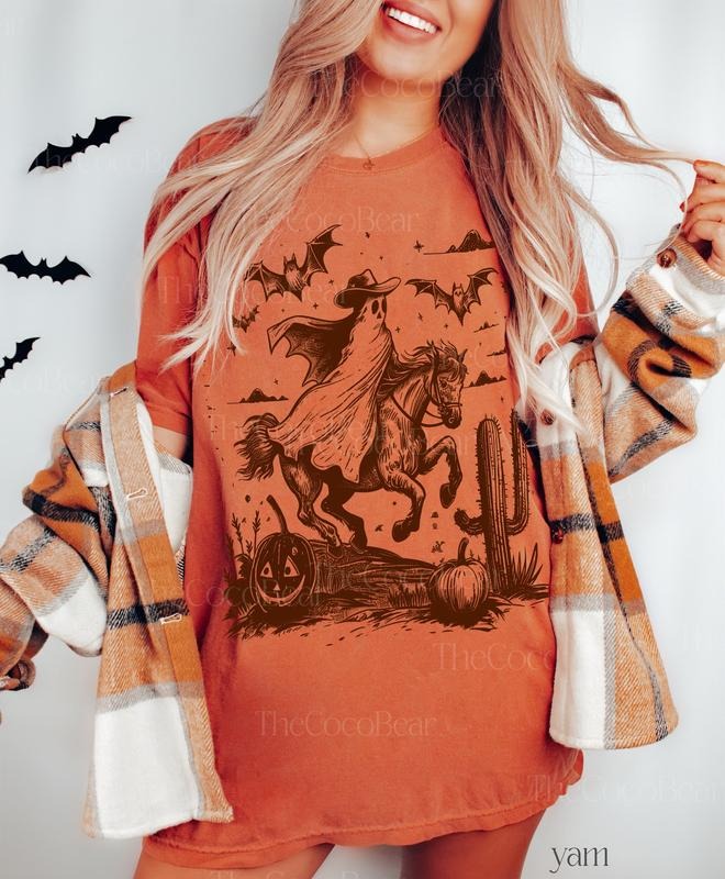 Western Ghost Shirt, Halloween Party Tee Bats Tshirt Spooky Season Sweatshirt, Vintage Halloween Sweater Trendy Cowboy...