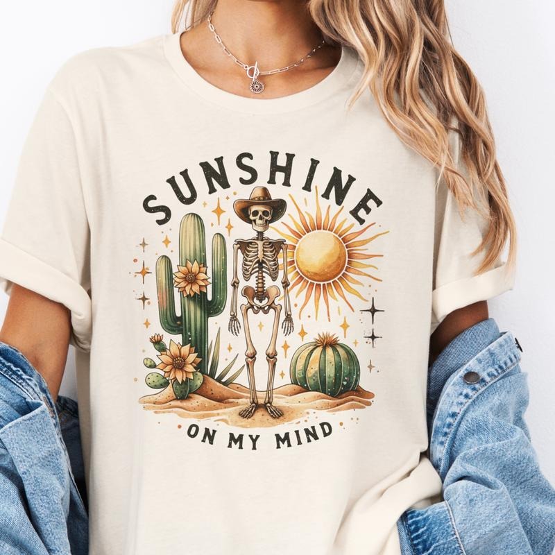 Western Skeleton Sunshine On My Mind Graphic Tee Skull Texas Tshirt Cowboy Skeleton T-Shirt Funny Western Womens Top...