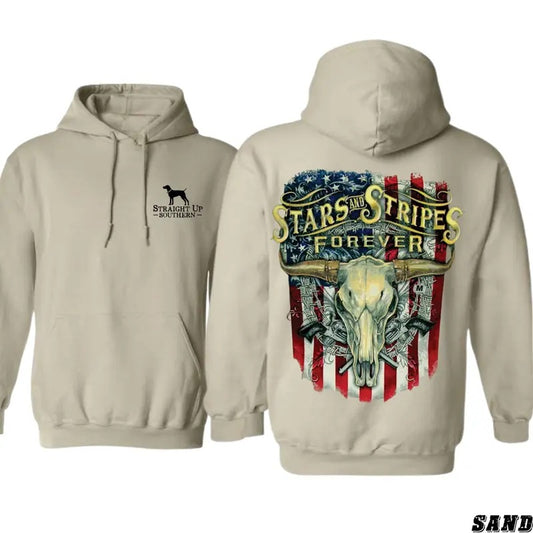 Western Skull Hoodie - Stars and Stripes Forever Design with Bold Cowboy and Flag Graphics, Ideal for Western Style Fans...