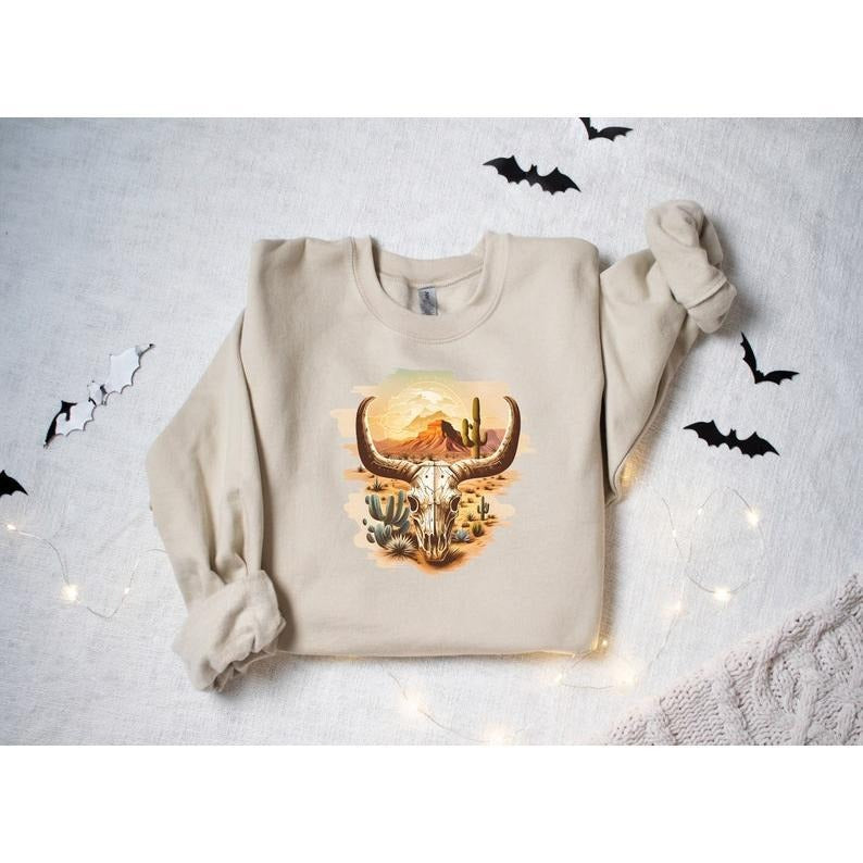 Western Skull Sweatshirt, Western Sweatshirt, Retro Western Sweatshirt, Rodeo Sweatshirt, Trendy Sweatshirt, Desert Boho...