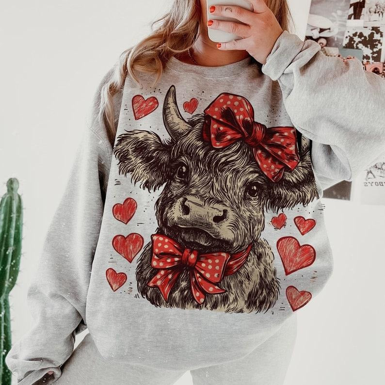 Western Valentine Highland Cow | Love Season Crewneck Sweatshirt | Gift for Love Day T-Shirts, Hoodie | WearSparks.com