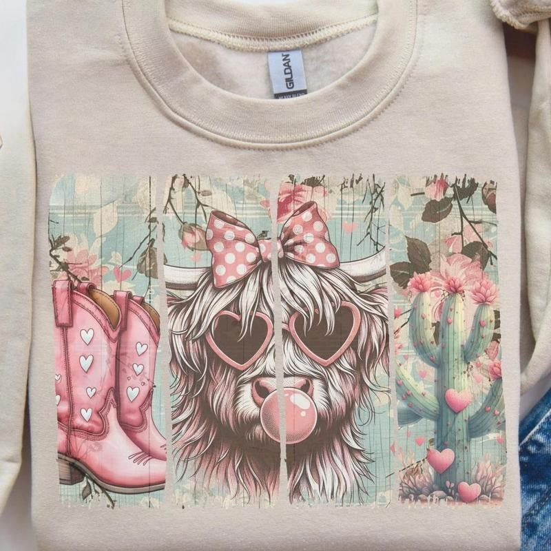 Western brush stroke valentine Sweatshirt, Valentine's Shirt, Highland Cow Valentine, Retro Cowgirl Tee Hoodie