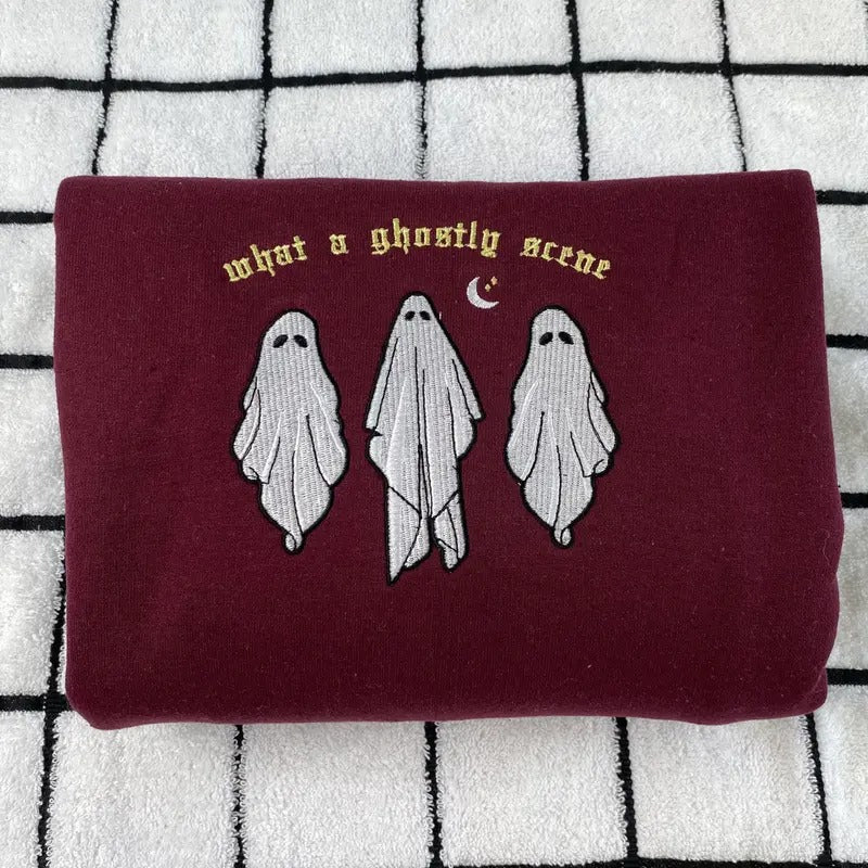 What a Ghostly Scene Sweatshirt Embroidered - Ghost Sweatshirt - Halloween Crewneck T-Shirts, Hoodie | WearSparks.com