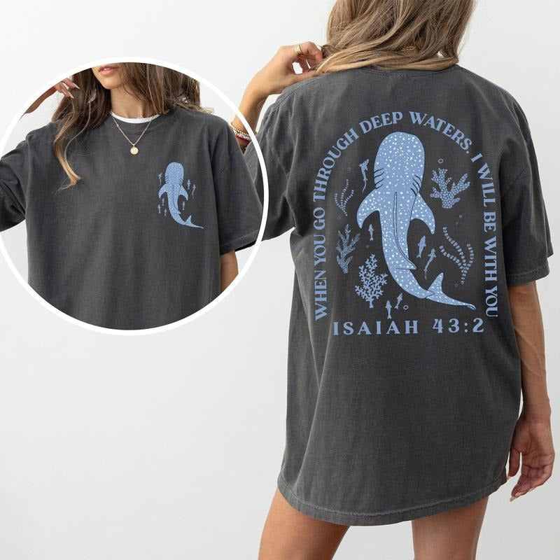 When You Go Through Deep Waters Bible Verse Comfort Colors Shirt, Ocean Christian T-shirt, Summer Religious Graphic Tee,...