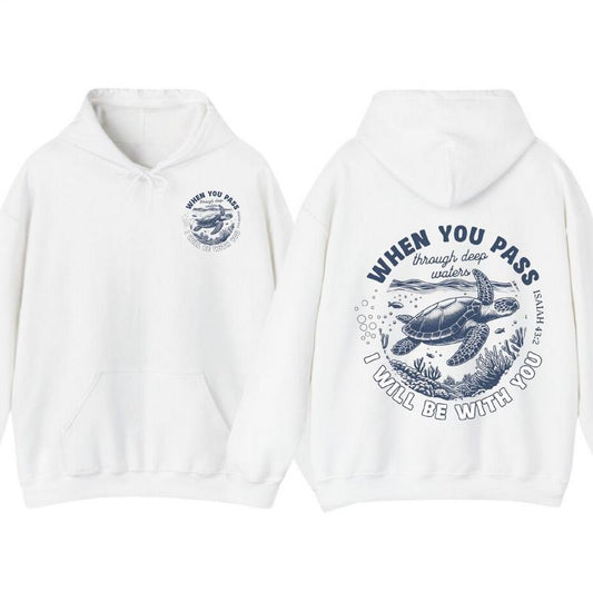 When You Go Through Deep Waters Sea Turtle T-Shirt, Hoodie, Isaiah 432 Graphic Tee, Christian Bible Verse Gift for Men...