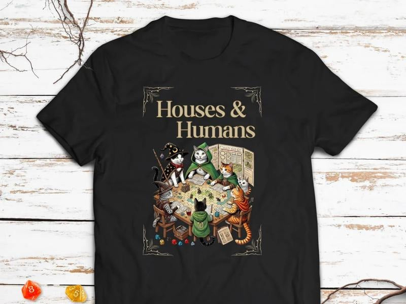Whimsical Houses & Humans Cats DND Inspired T-Shirt, Perfect for Gamers who Love Cats and Casual Wear, Dungeons and...