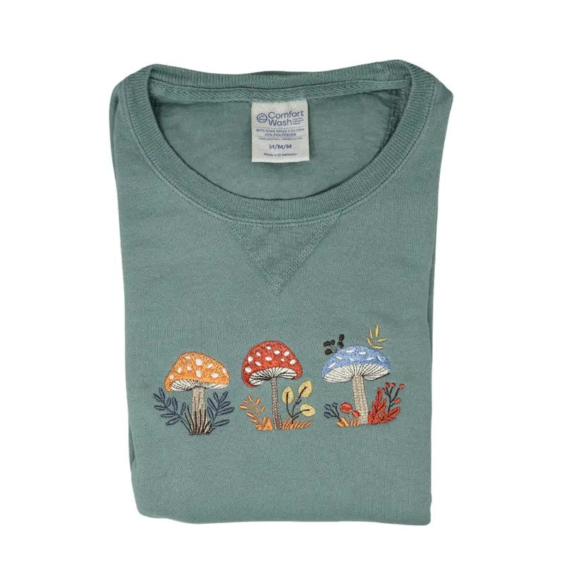 Whimsical Mushroom Embroidered Pullover Crewneck Sweatshirt - Unisex - ComfortWash T-Shirts, Hoodie | WearSparks.com