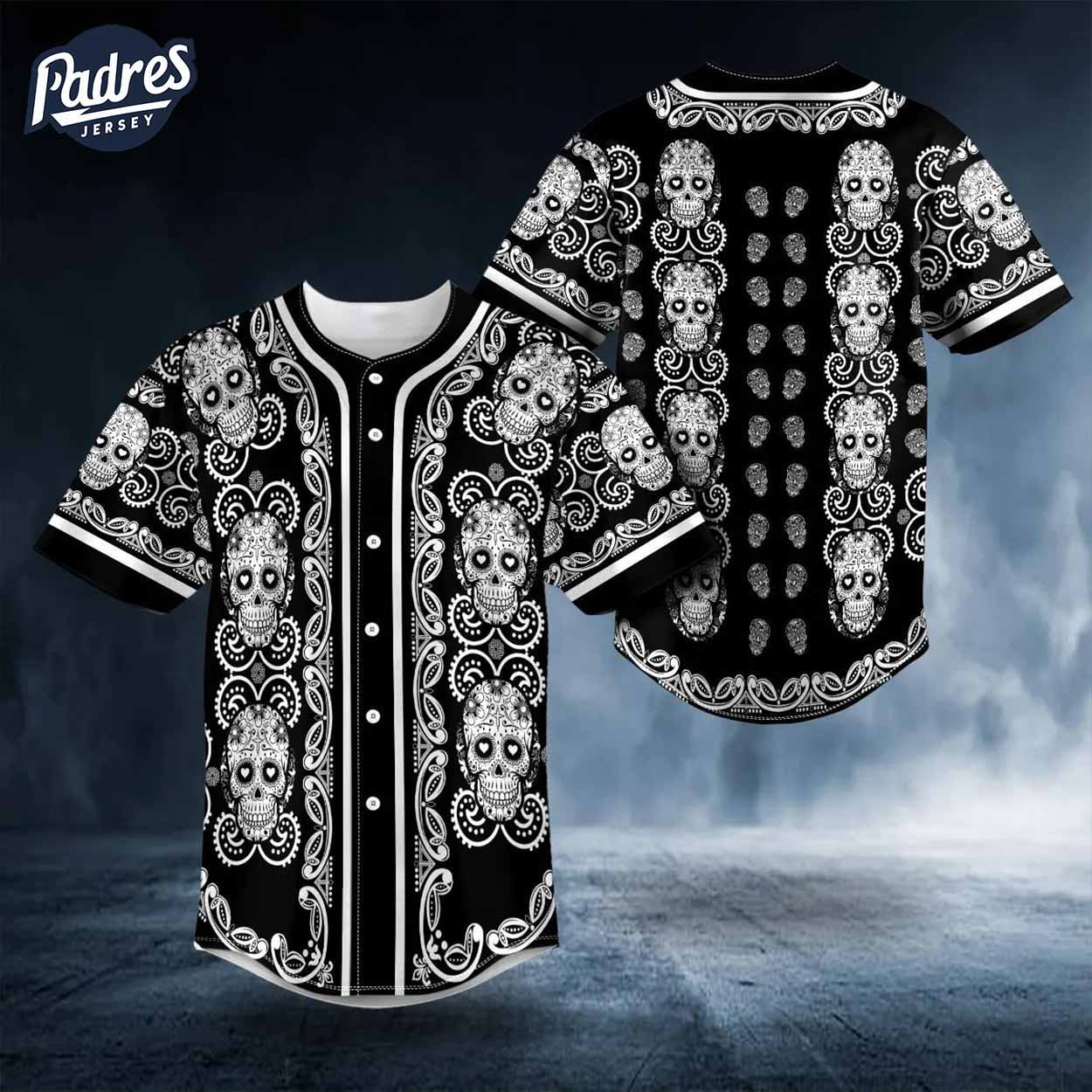 White Baseball Jersey Featuring Doodle Floral Sugar Skull Design - Padres Jersey Oasis: Elevate Your Baseball Style Game...