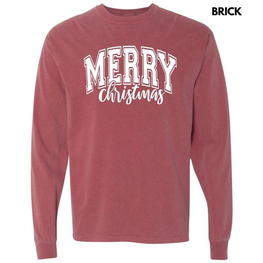 White Cursive Varsity Merry Christmas Long Sleeve Comfort Colors T-Shirt 'NLB' Hoodie, Sweatshirt | WearSparks.com