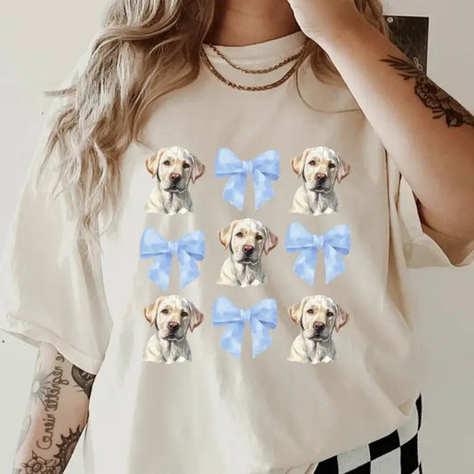 White Lab with bows Shirt ~ Unisex Apparel Relaxed Fit Printed In The USA Clothing Womenswear Casual Comfort Cotton Top...