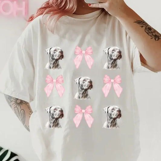 White PitBull with bows Shirt ~ Unisex Apparel Relaxed Fit Printed In The USA Clothing Womenswear Casual Comfort Cotton...