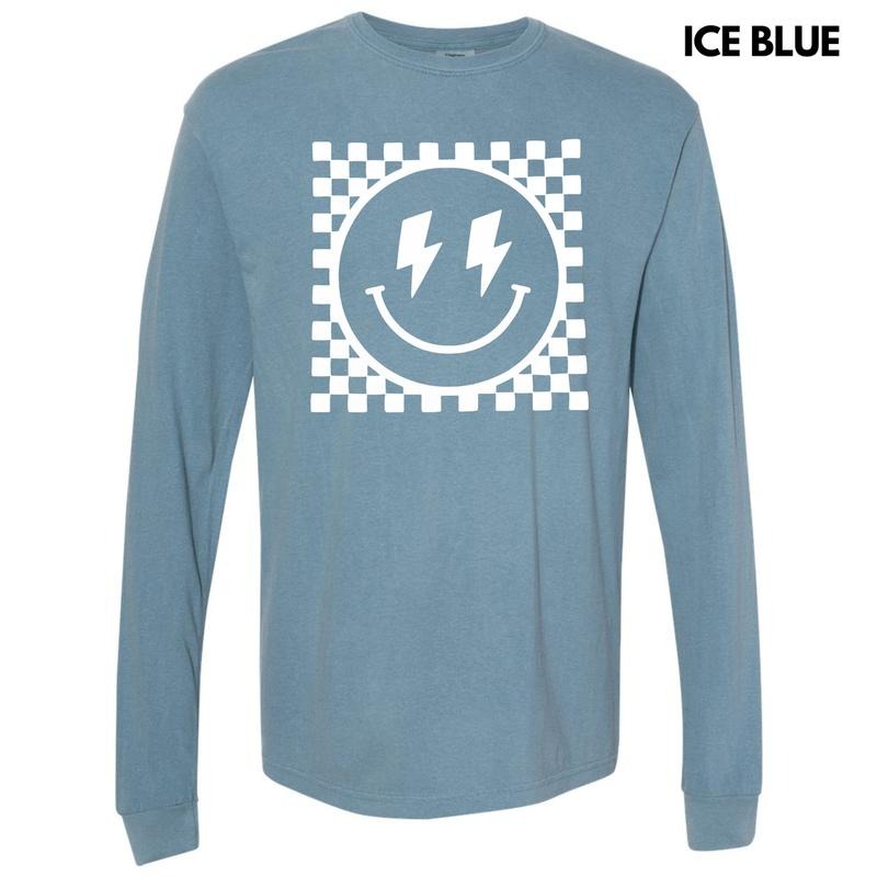 White Puff Checkered Happy Face Long Sleeve Comfort Colors T-Shirt Hoodie, Sweatshirt | WearSparks.com